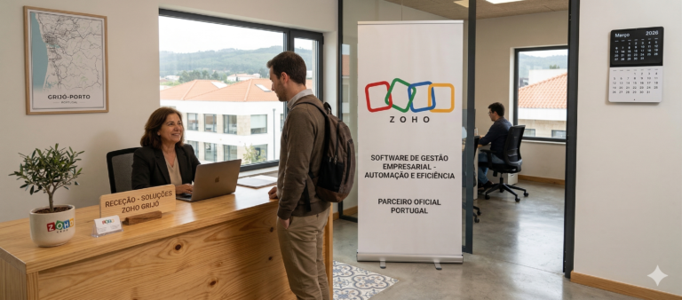 Especialista Zoho em Portugal num escritório a apresentar soluções de automação empresarial e CRM